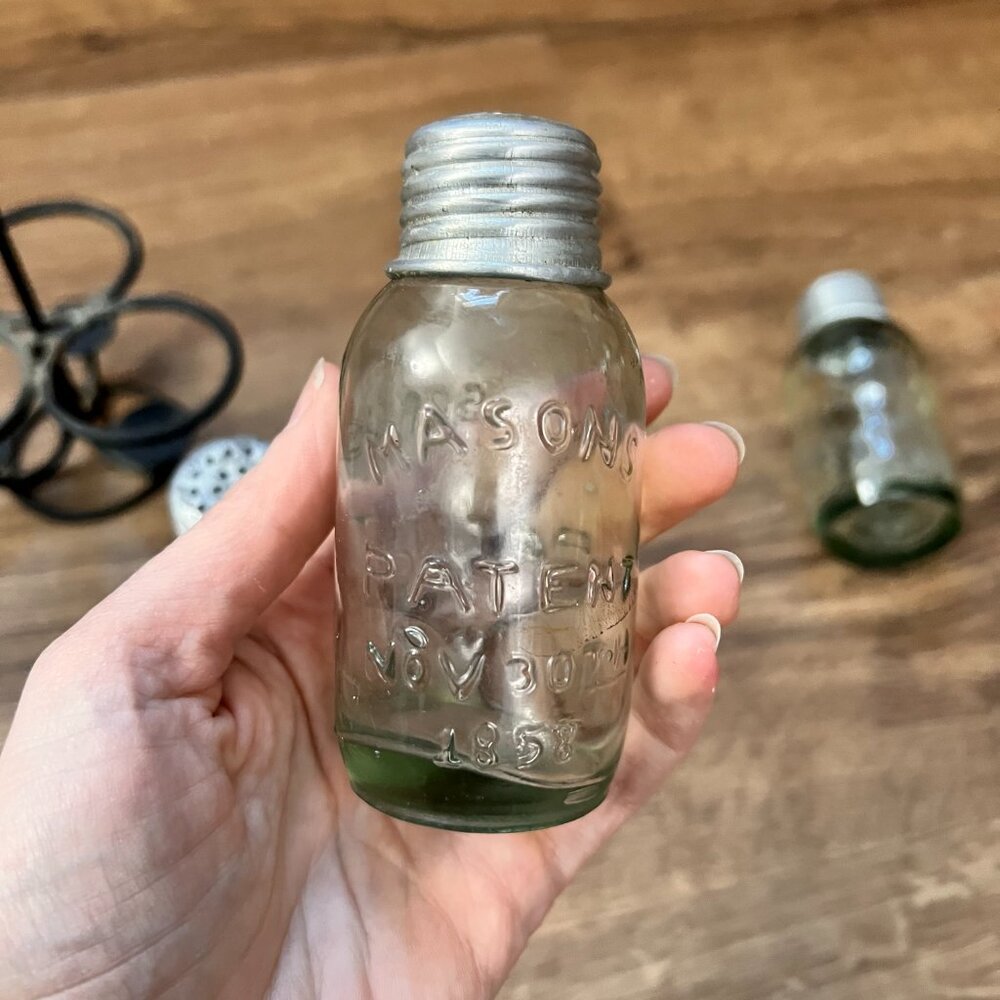 Vintage Mason Jar Salt, Pepper, Spice Holder with Iron Caddy - Picture 8 of 11
